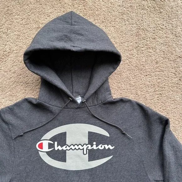 Champion Sweatshirt Mens Small Grey Hoodie Pockets Logo Spellout - Picture 4 of 12